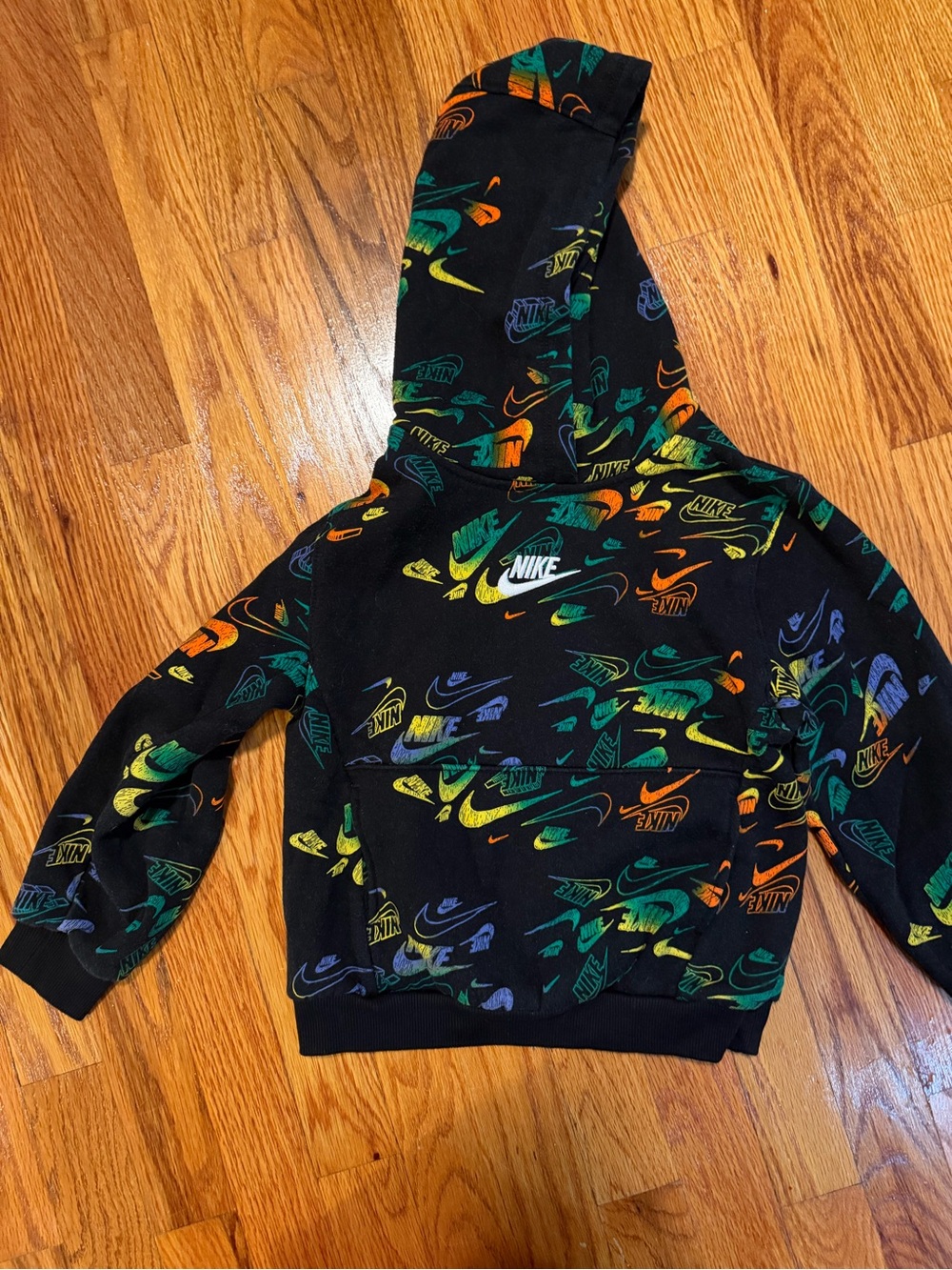 Nike Kids Black Hoodie with Multicolor Swoosh Print
